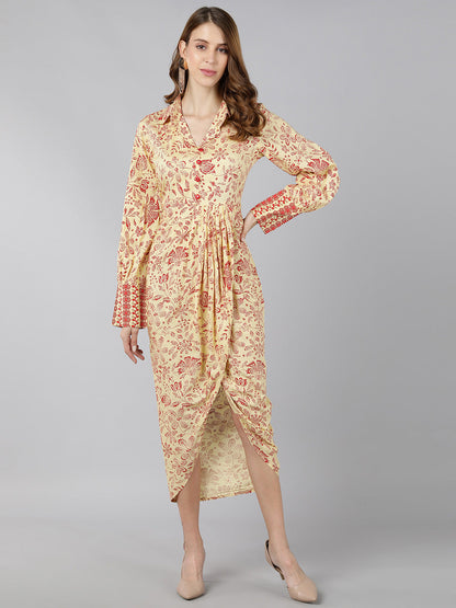 Rayon Floral tulip Dress (Cream)