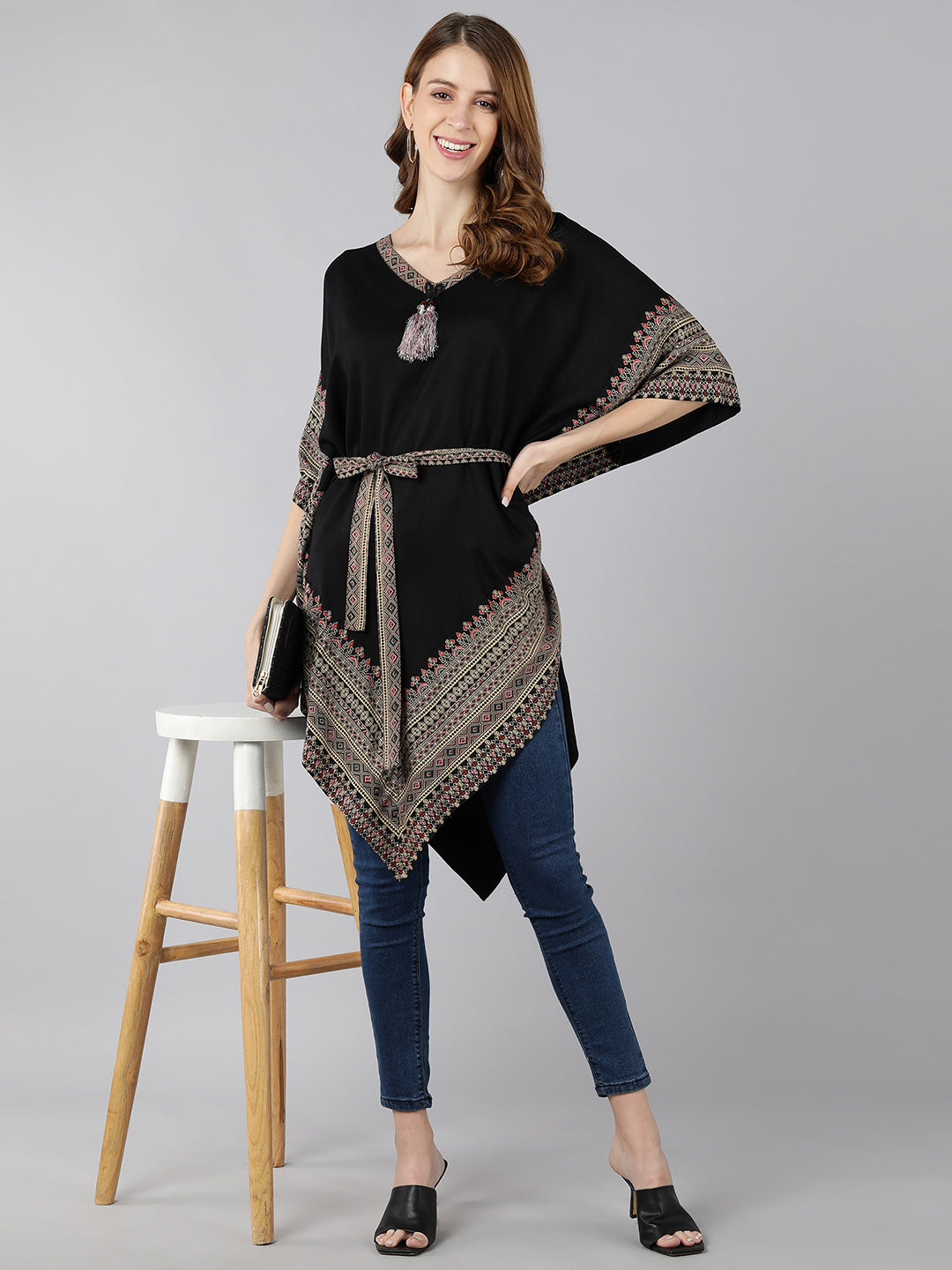 Rayon Ethnic Motifs Kaftan Dress (Black)