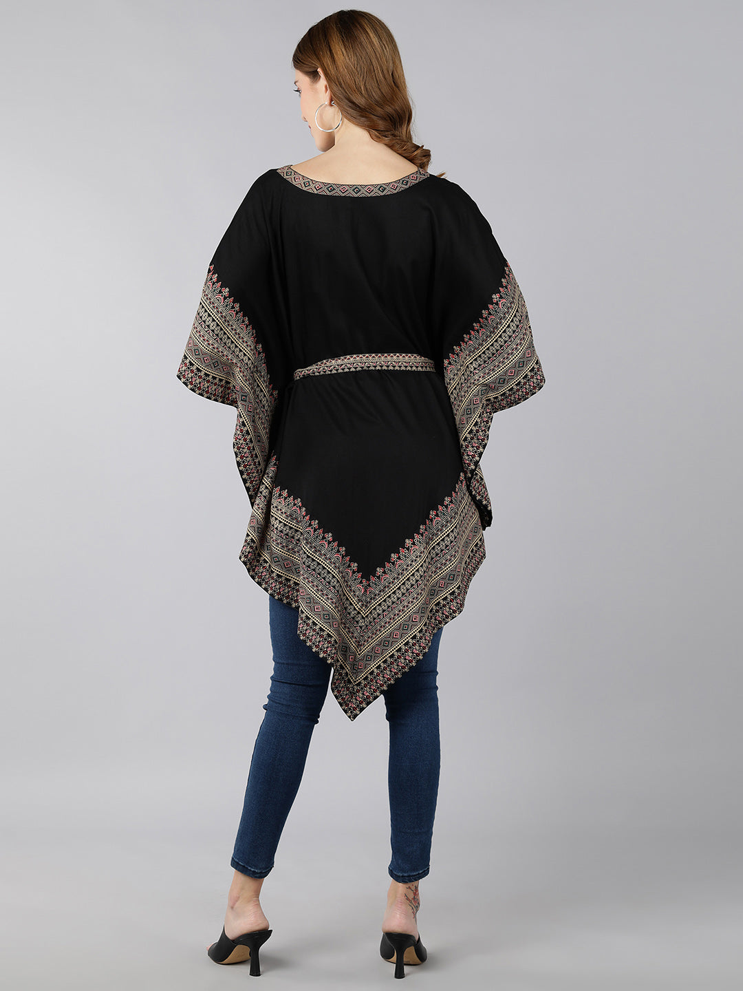 Rayon Ethnic Motifs Kaftan Dress (Black)