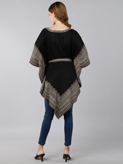 Rayon Ethnic Motifs Kaftan Dress (Black)