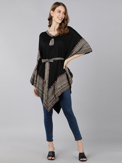 Rayon Ethnic Motifs Kaftan Dress (Black)
