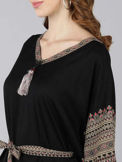 Rayon Ethnic Motifs Kaftan Dress (Black)