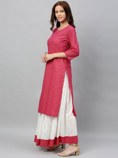 Cotton Chevron Print Straight Kurta Skirt Set