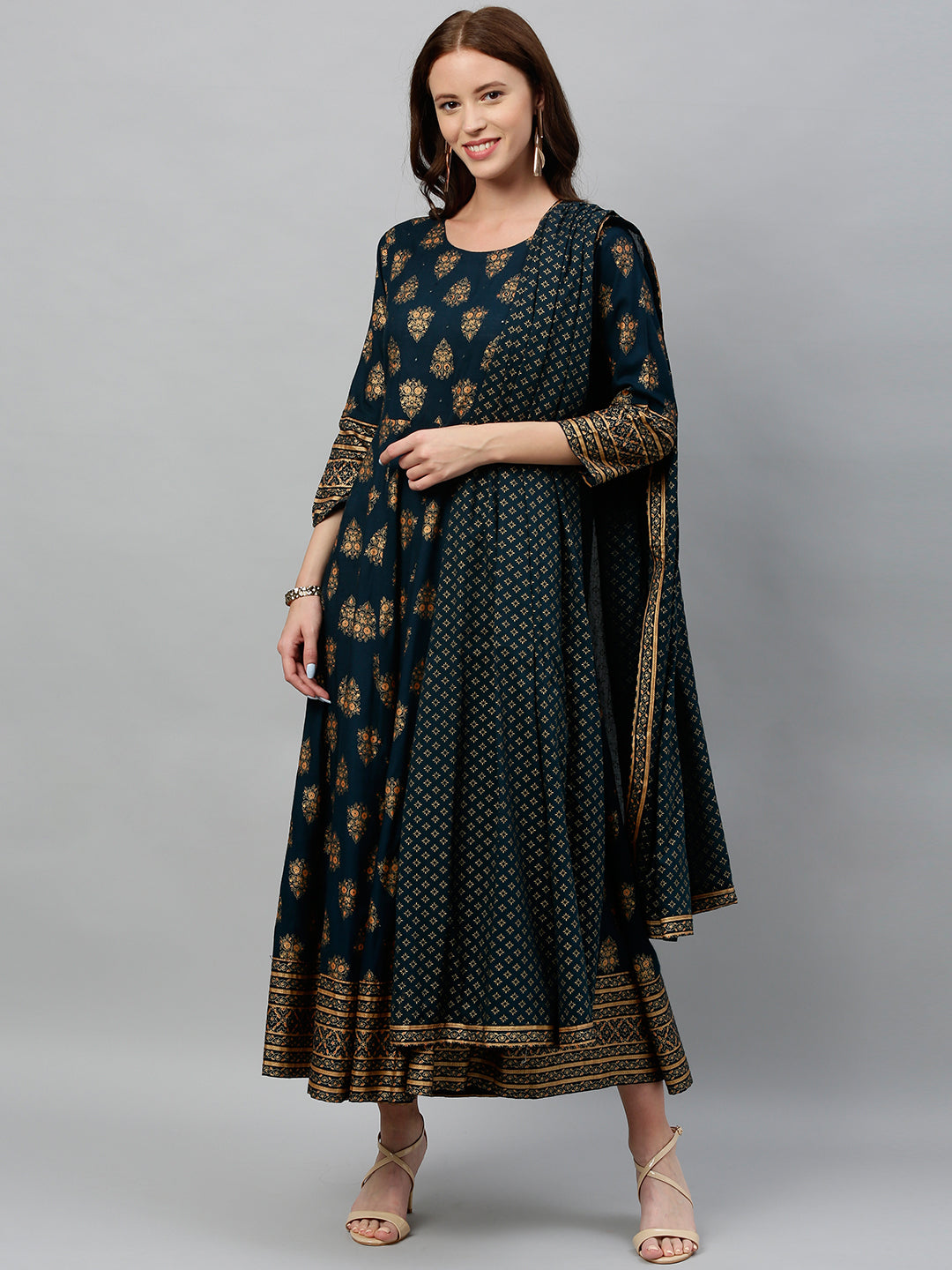 Rayon Printed Anarkali Kurta With Dupatta