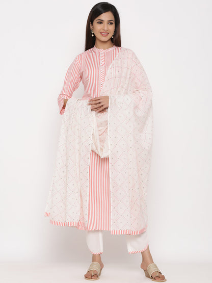 Cotton Stripe Print Straight Kurta Pant Dupatta