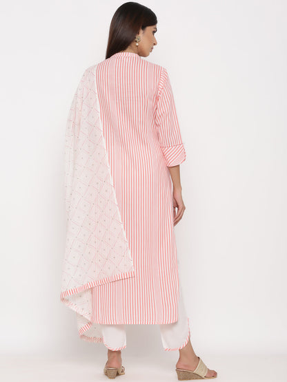 Cotton Stripe Print Straight Kurta Pant Dupatta