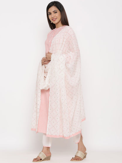 Cotton Stripe Print Straight Kurta Pant Dupatta