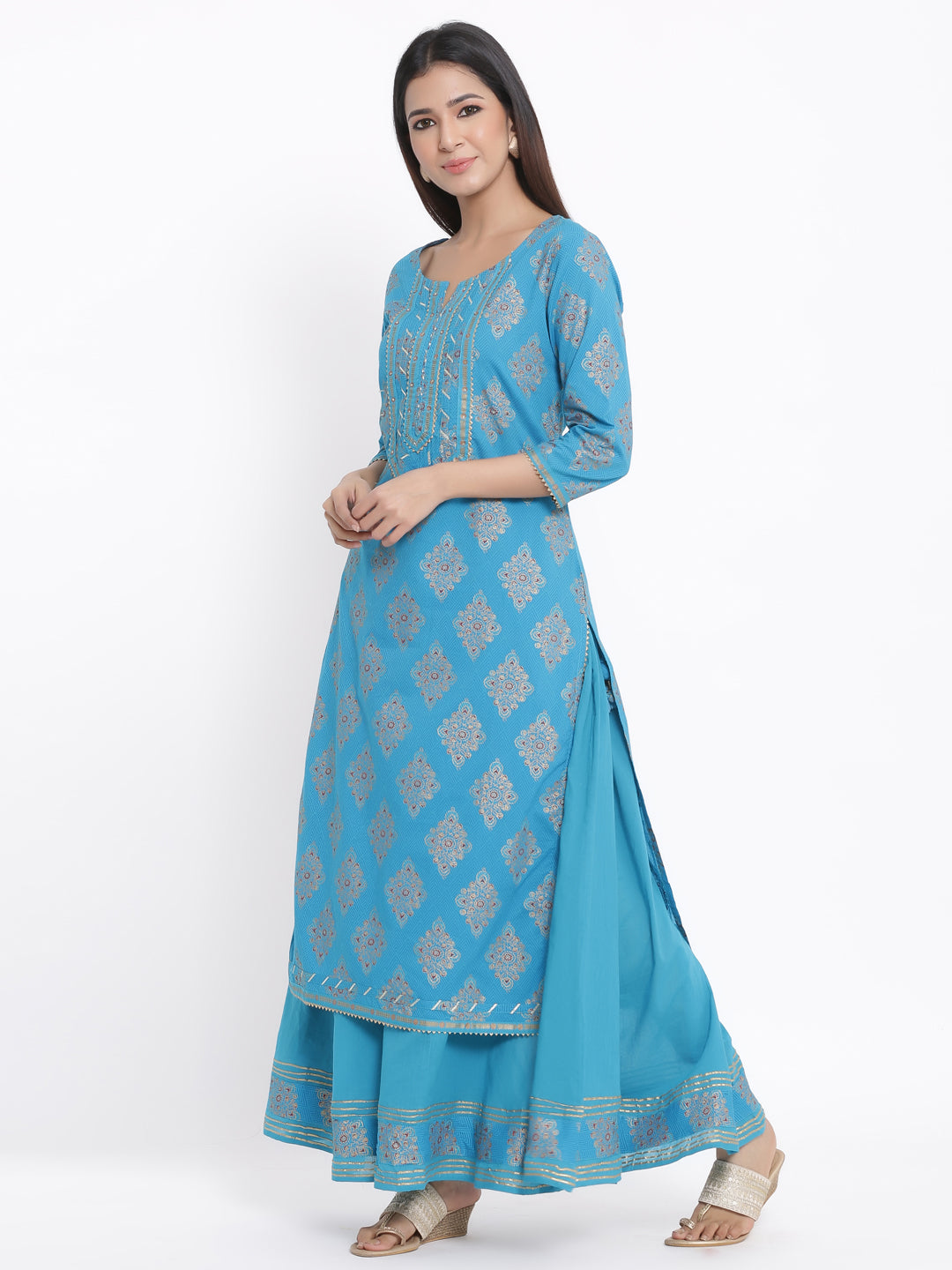 Cotton Printed Straight Kurta Sharara Dupatta