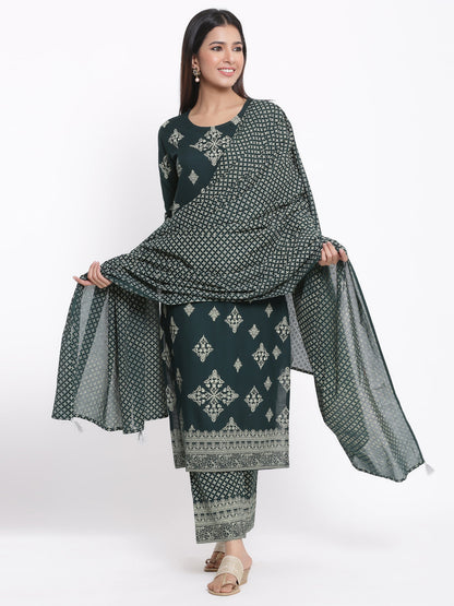 Rayon Printed Straight Kurta Palazzo Dupatta