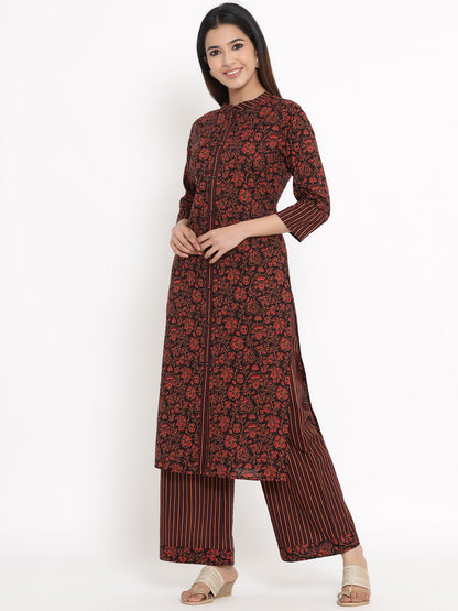 Cotton Floral Print Straight Kurta Palazzo Set