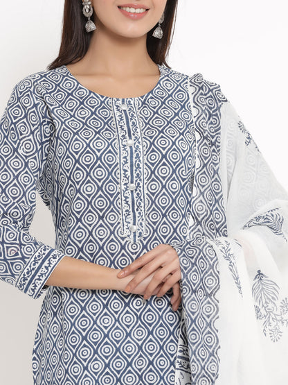 Cotton Printed Straight Kurta Palazzo Dupatta