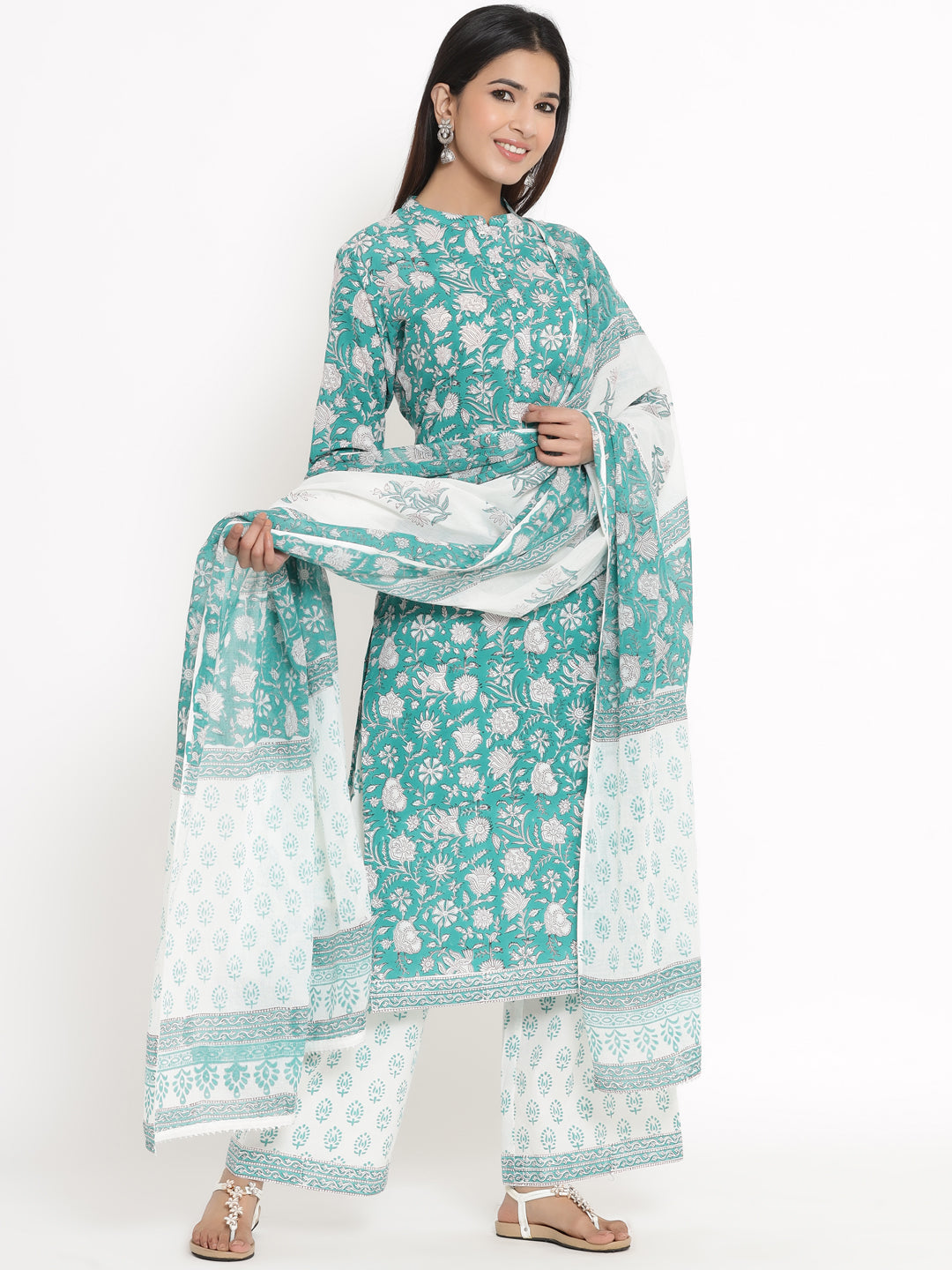 Cotton Floral Print Straight Kurta Palazzo Dupatta