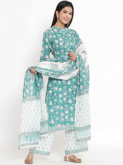 Cotton Floral Print Straight Kurta Palazzo Dupatta