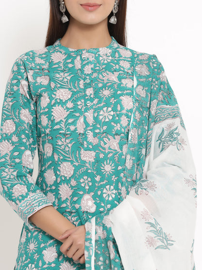 Cotton Floral Print Straight Kurta Palazzo Dupatta