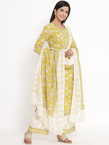 Cotton Floral Print Straight Kurta Palazzo Dupatta