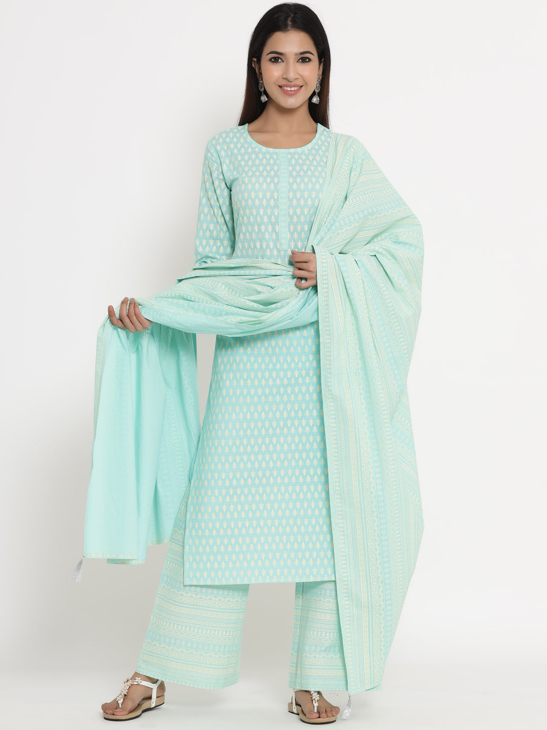 Cotton Printed Straight Kurta Palazzo Dupatta
