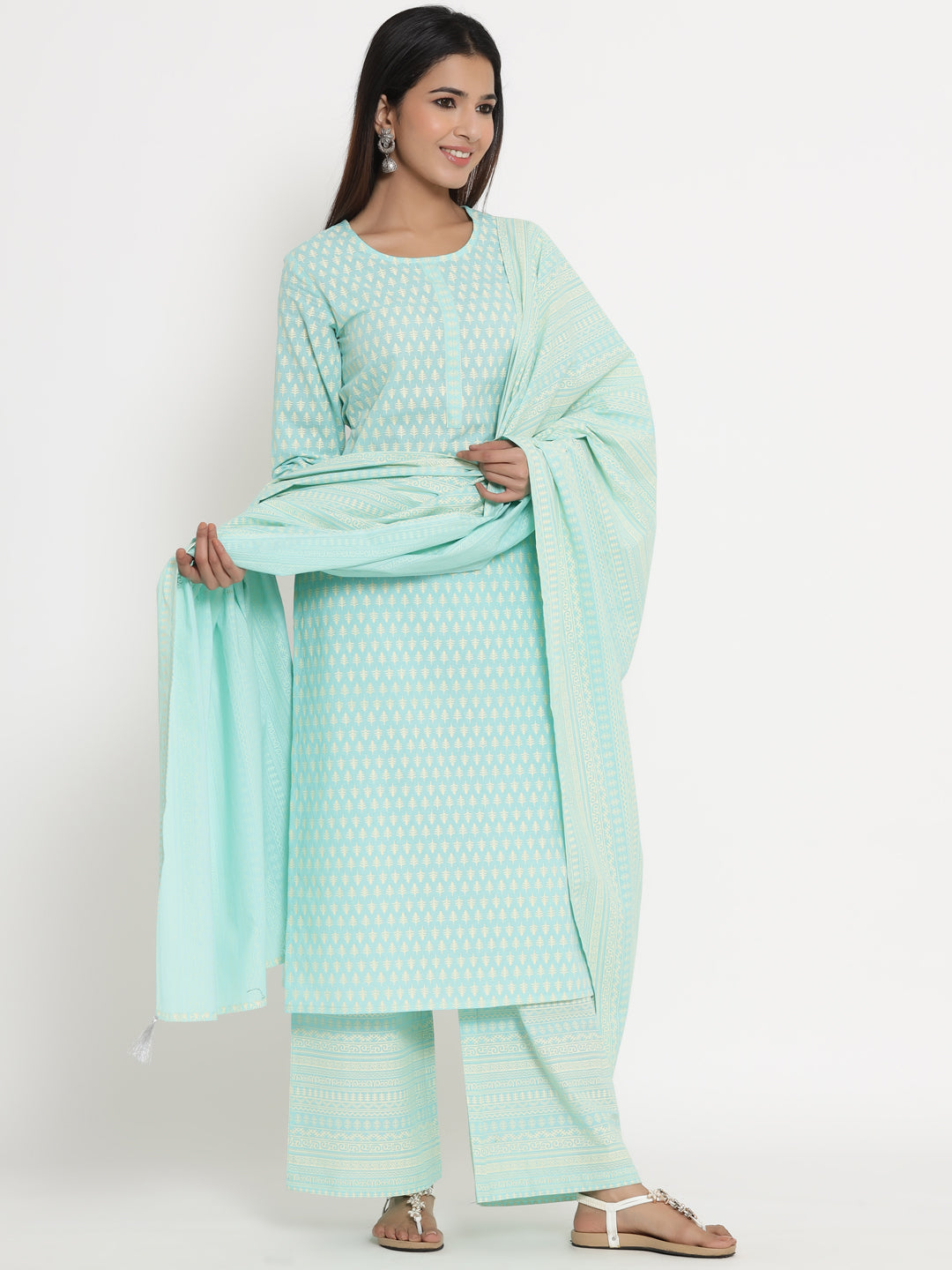 Cotton Printed Straight Kurta Palazzo Dupatta
