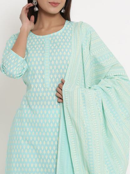 Cotton Printed Straight Kurta Palazzo Dupatta