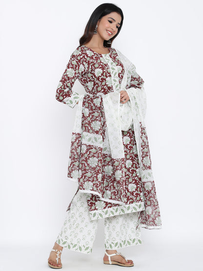 Cotton Printed Flared Kurta Palazzo Dupatta