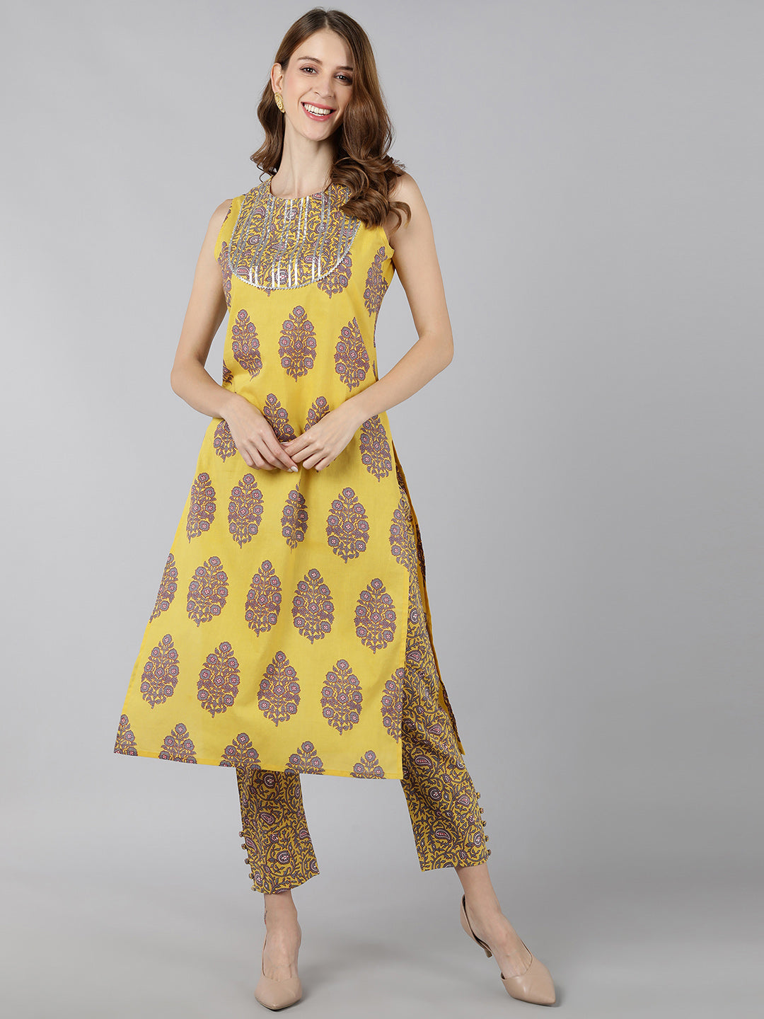 Cotton Block Print Straight Kurta Pant Set (Lemon Yellow)