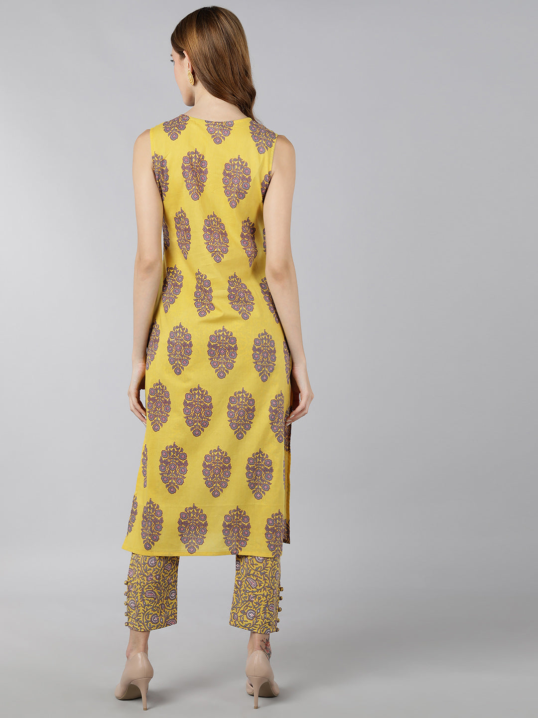 Cotton Block Print Straight Kurta Pant Set (Lemon Yellow)