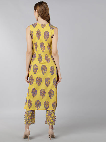 Cotton Block Print Straight Kurta Pant Set (Lemon Yellow)