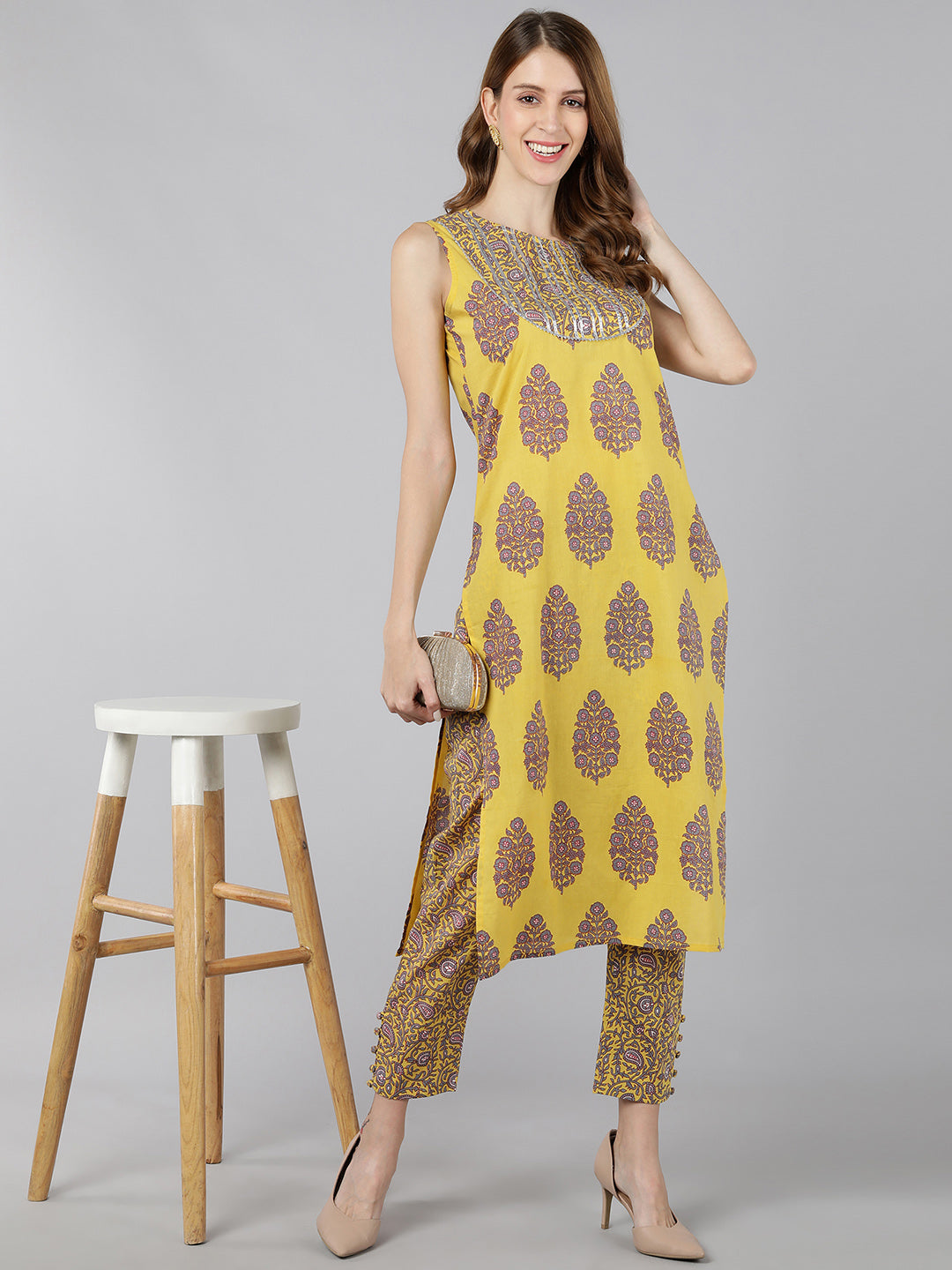 Cotton Block Print Straight Kurta Pant Set (Lemon Yellow)
