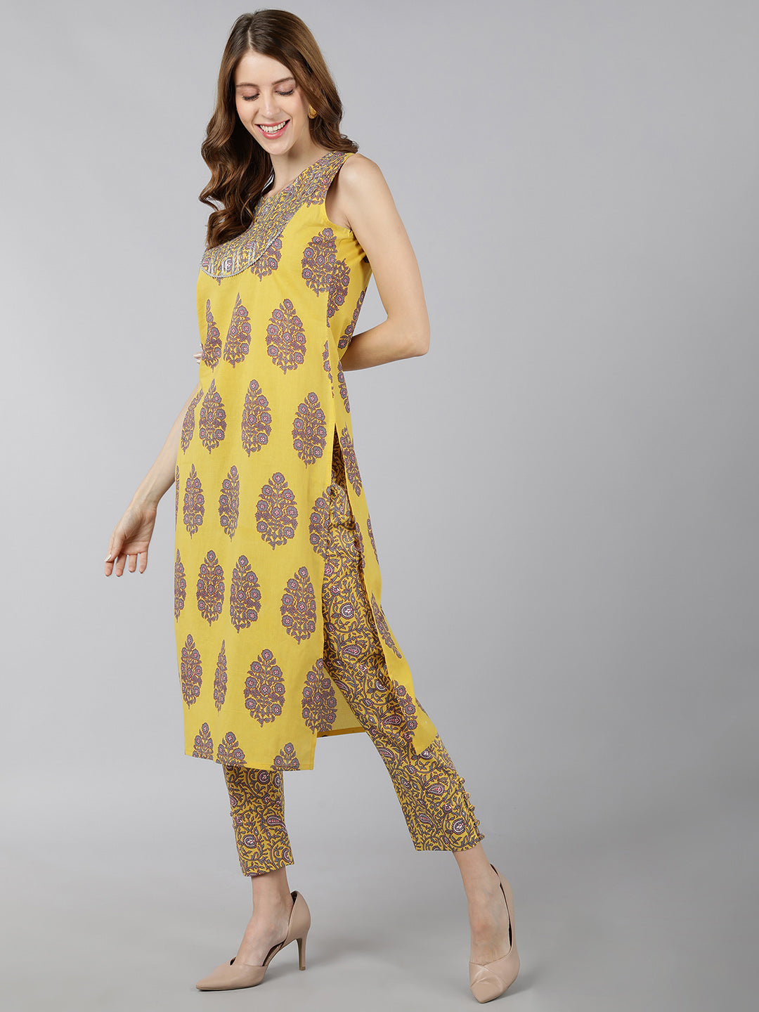 Cotton Block Print Straight Kurta Pant Set (Lemon Yellow)