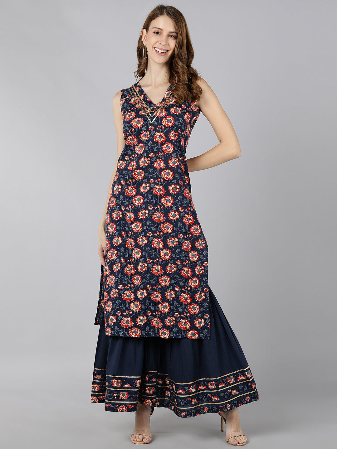 Cotton Floral Print Straight Kurta Sharara Set (Multicolour)