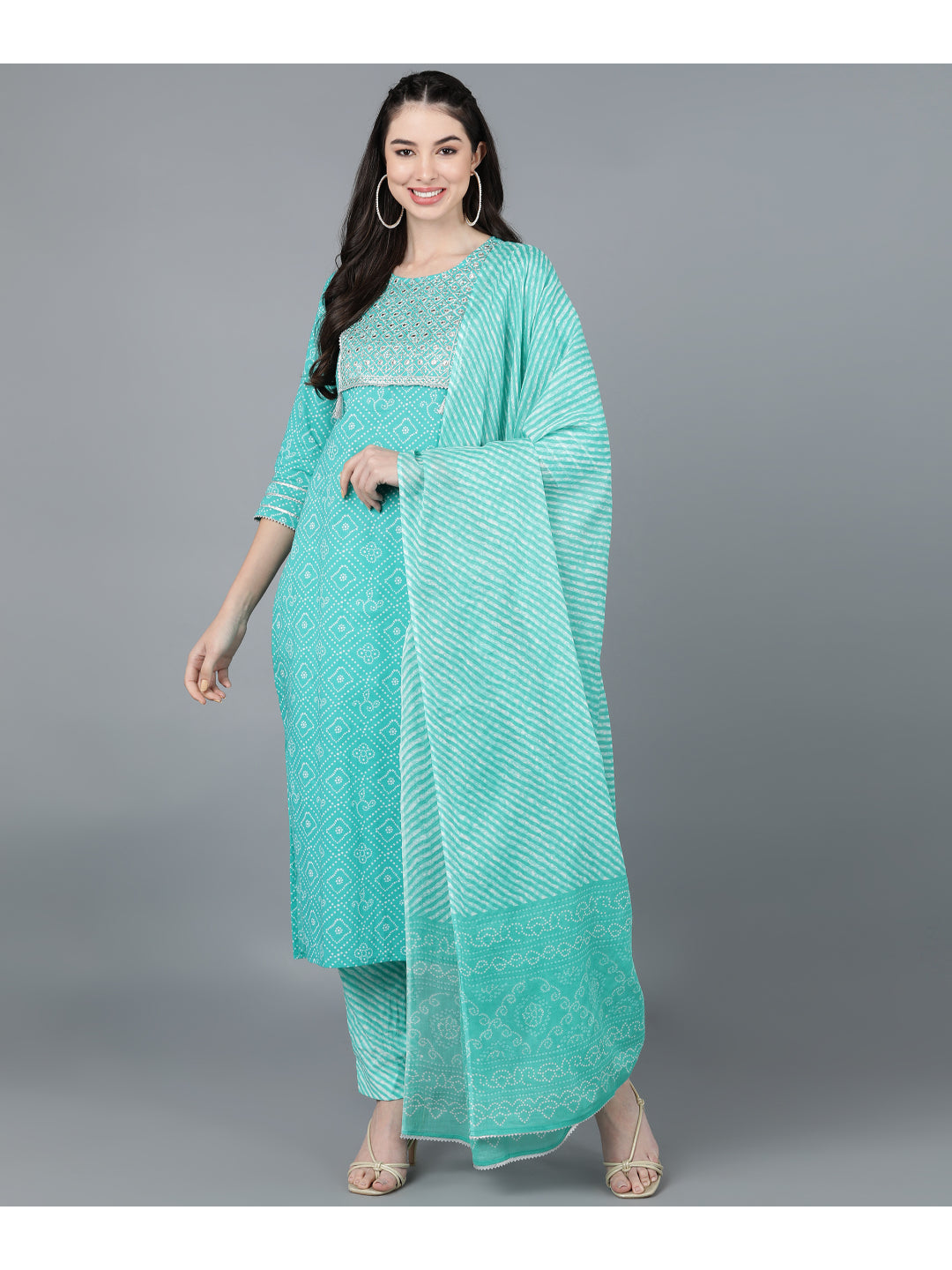 Cotton Leheriya Print Straight Kurta Set (Blue)