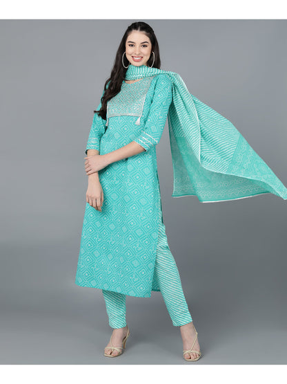 Cotton Leheriya Print Straight Kurta Set (Blue)