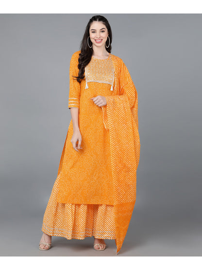 Cotton Leheriya Print Straight Kurta Set (Orange)