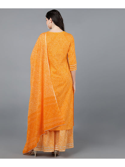 Cotton Leheriya Print Straight Kurta Set (Orange)
