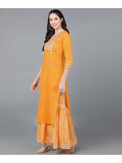 Cotton Leheriya Print Straight Kurta Set (Orange)