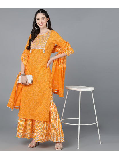 Cotton Leheriya Print Straight Kurta Set (Orange)