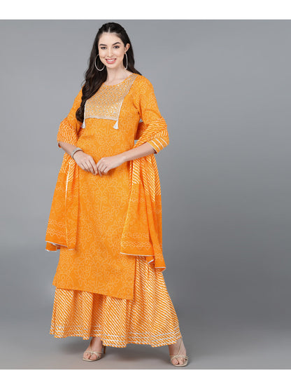 Cotton Leheriya Print Straight Kurta Set (Orange)