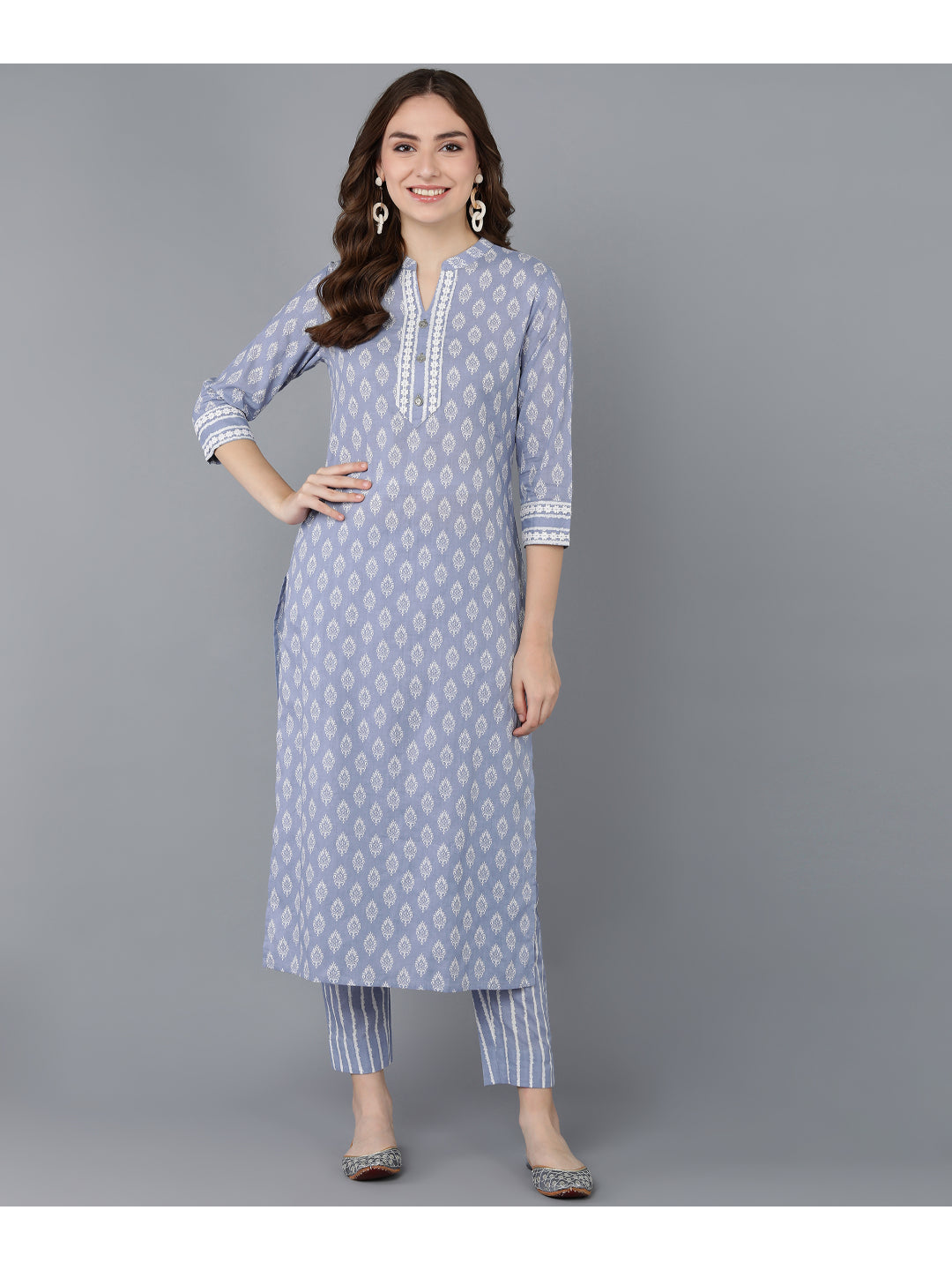 Cotton Printed Straight Kurta Set (Light Purple)