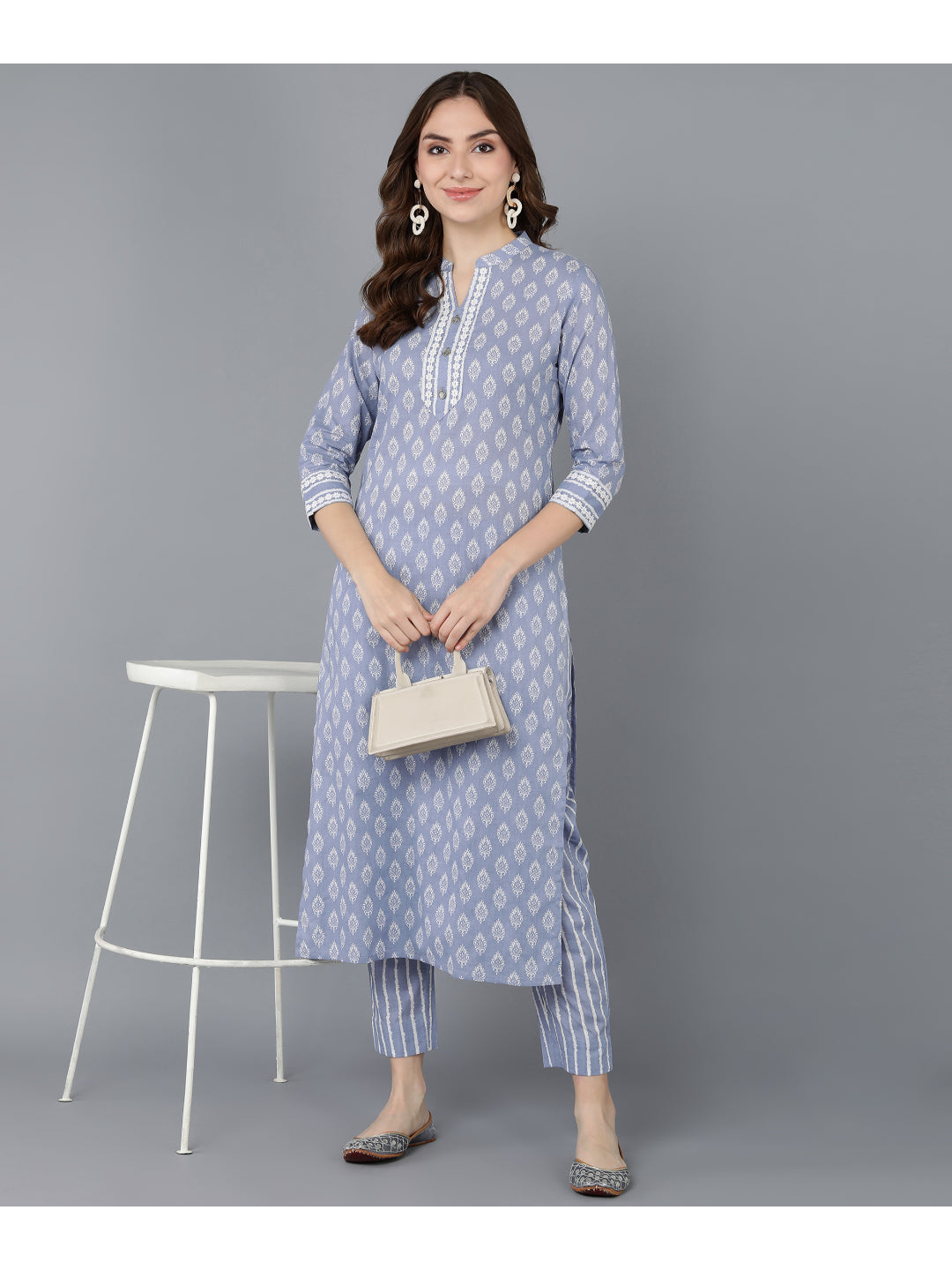 Cotton Printed Straight Kurta Set (Light Purple)