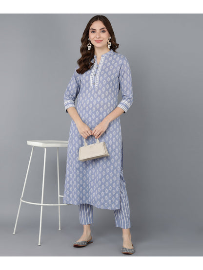 Cotton Printed Straight Kurta Set (Light Purple)