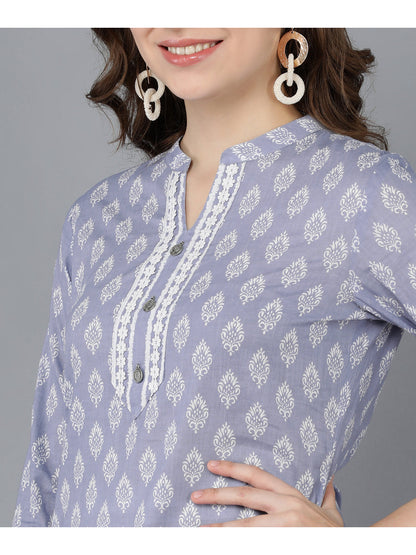 Cotton Printed Straight Kurta Set (Light Purple)