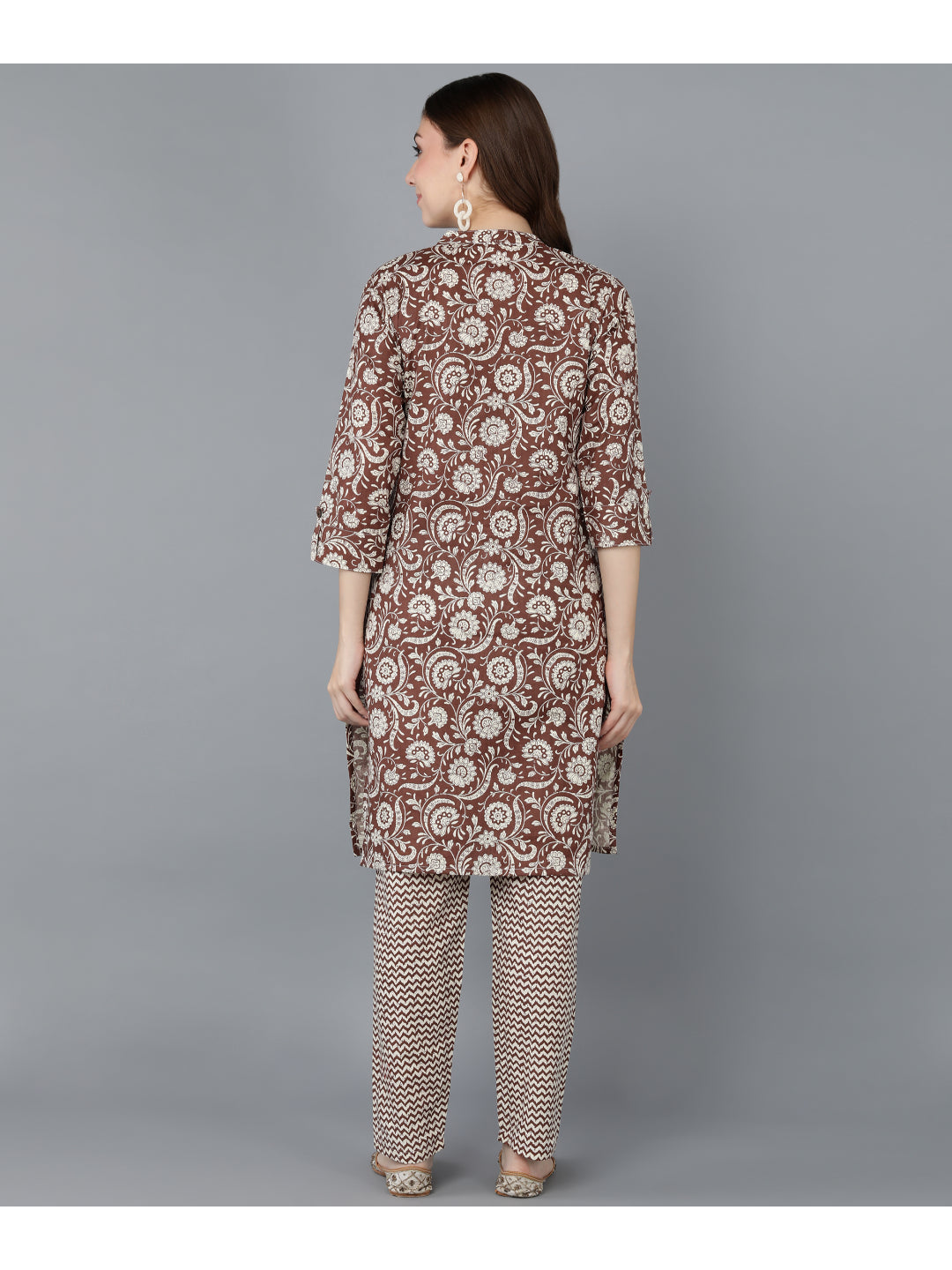 Cotton Printed Straight Kurta Set (Brown)