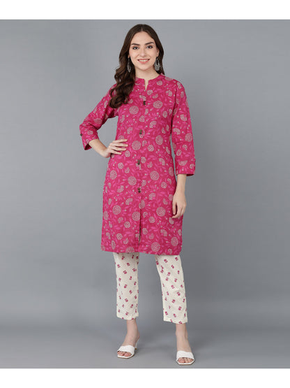 Cotton Printed Straight Kurta Set (Pink)