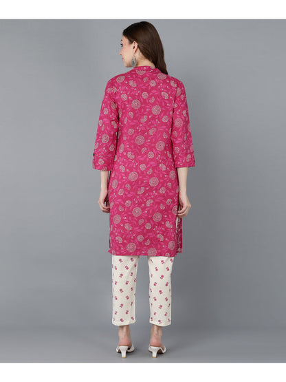 Cotton Printed Straight Kurta Set (Pink)