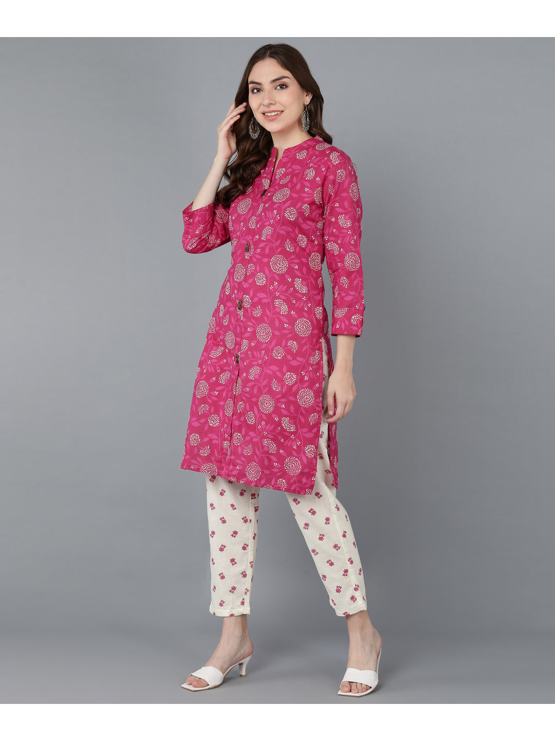 Cotton Printed Straight Kurta Set (Pink)