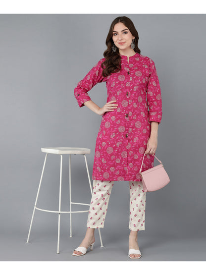 Cotton Printed Straight Kurta Set (Pink)