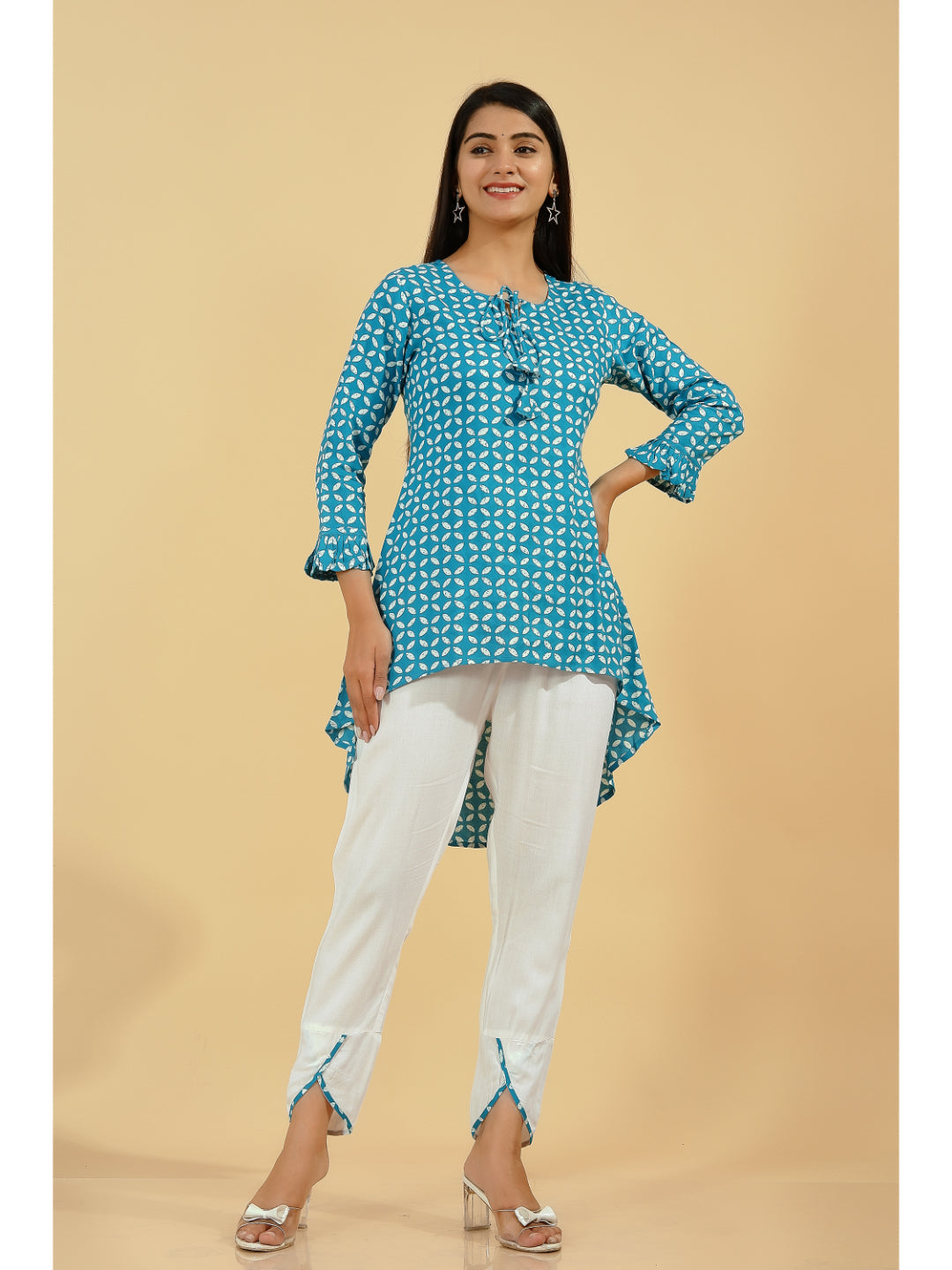 Rayon Printed Up-Down Kurta Set (Sky Blue)