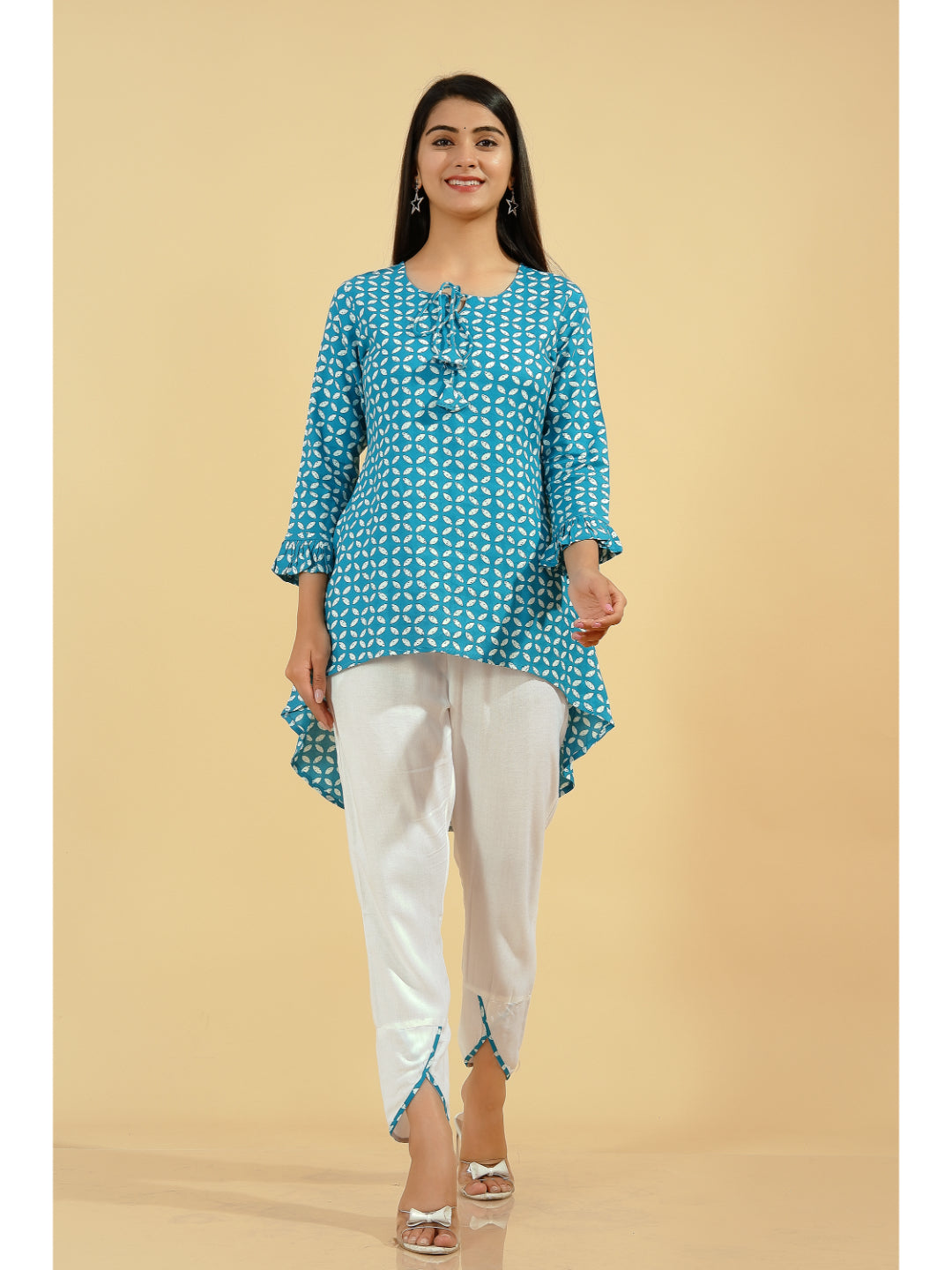 Rayon Printed Up-Down Kurta Set (Sky Blue)