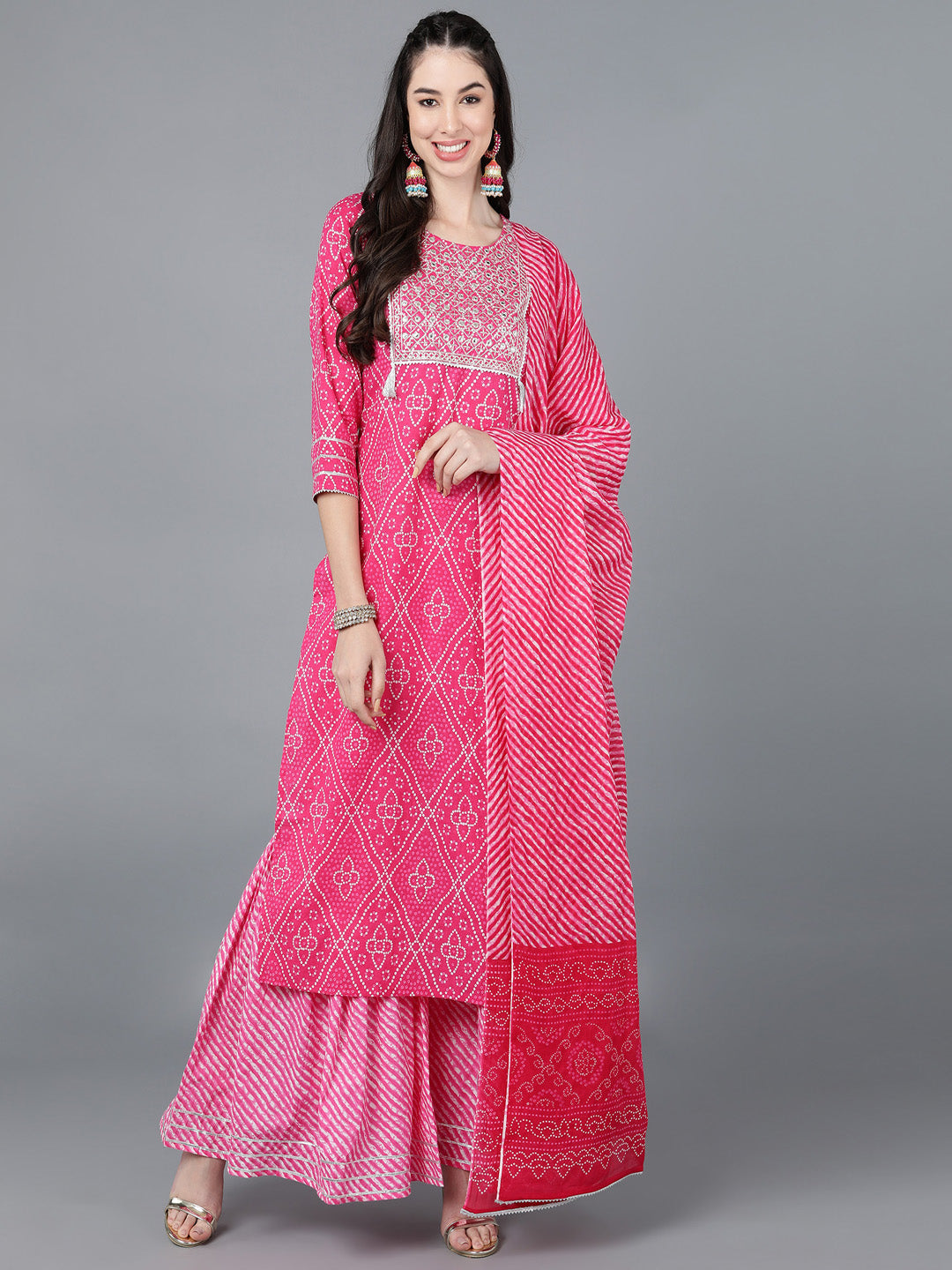 Cotton Lehriya Print Straight Kurta Set (Pink)