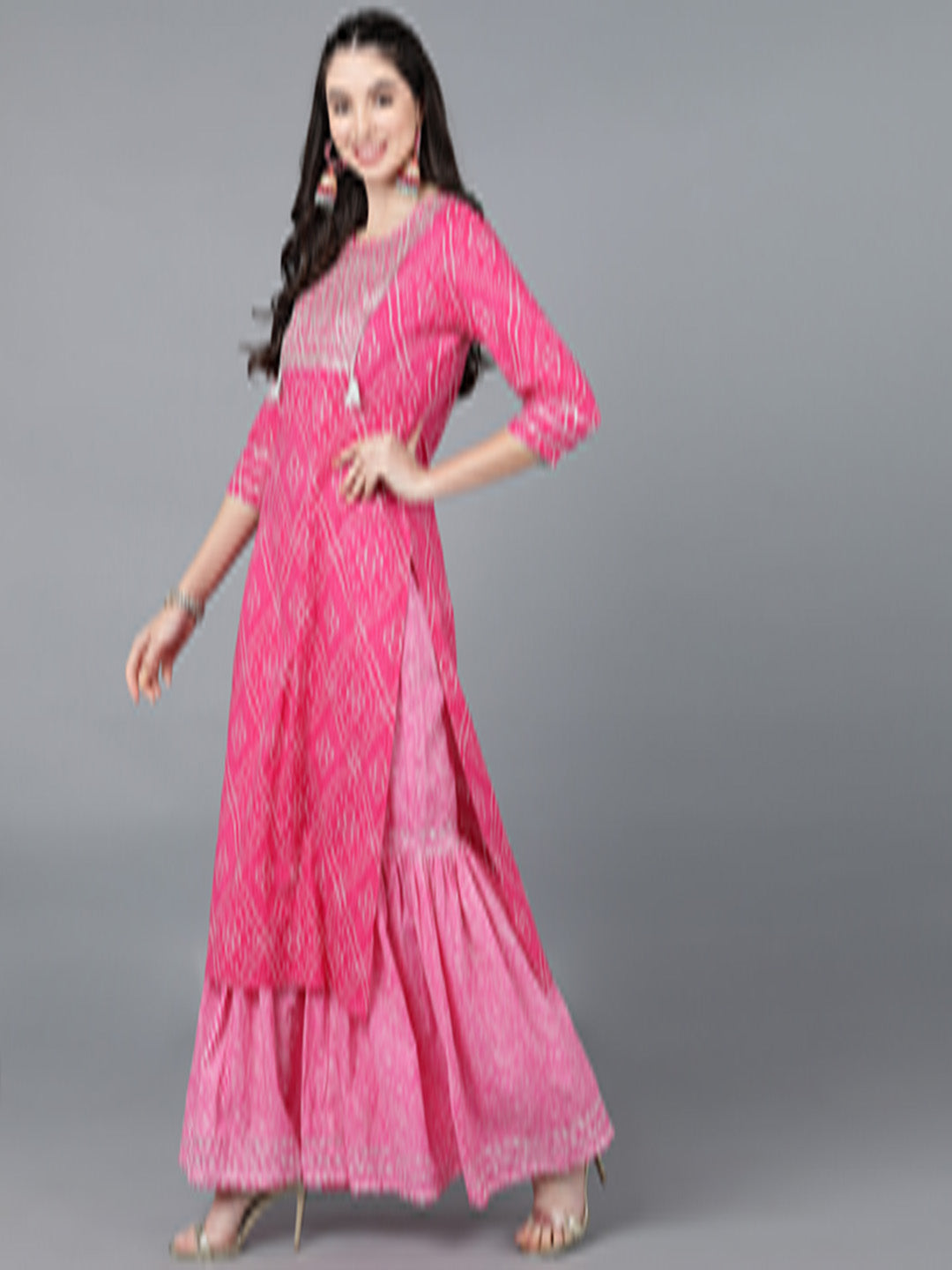 Cotton Lehriya Print Straight Kurta Set (Pink)