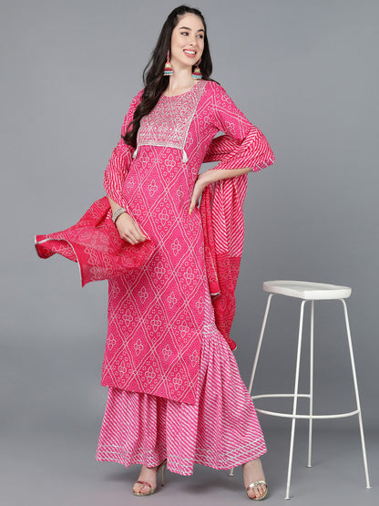 Cotton Lehriya Print Straight Kurta Set (Pink)
